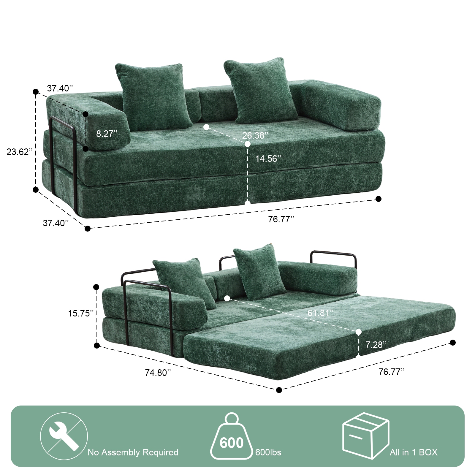 Floor Couch,Compression Sofa,Convertible Floor Sofa Bed-with Pillow Back Support Armrest,Comfy Futon Couch Lounge Sleeper Bed,Flannel Fabric,for Living Room Bedroom (dark Green)_voghion.com
